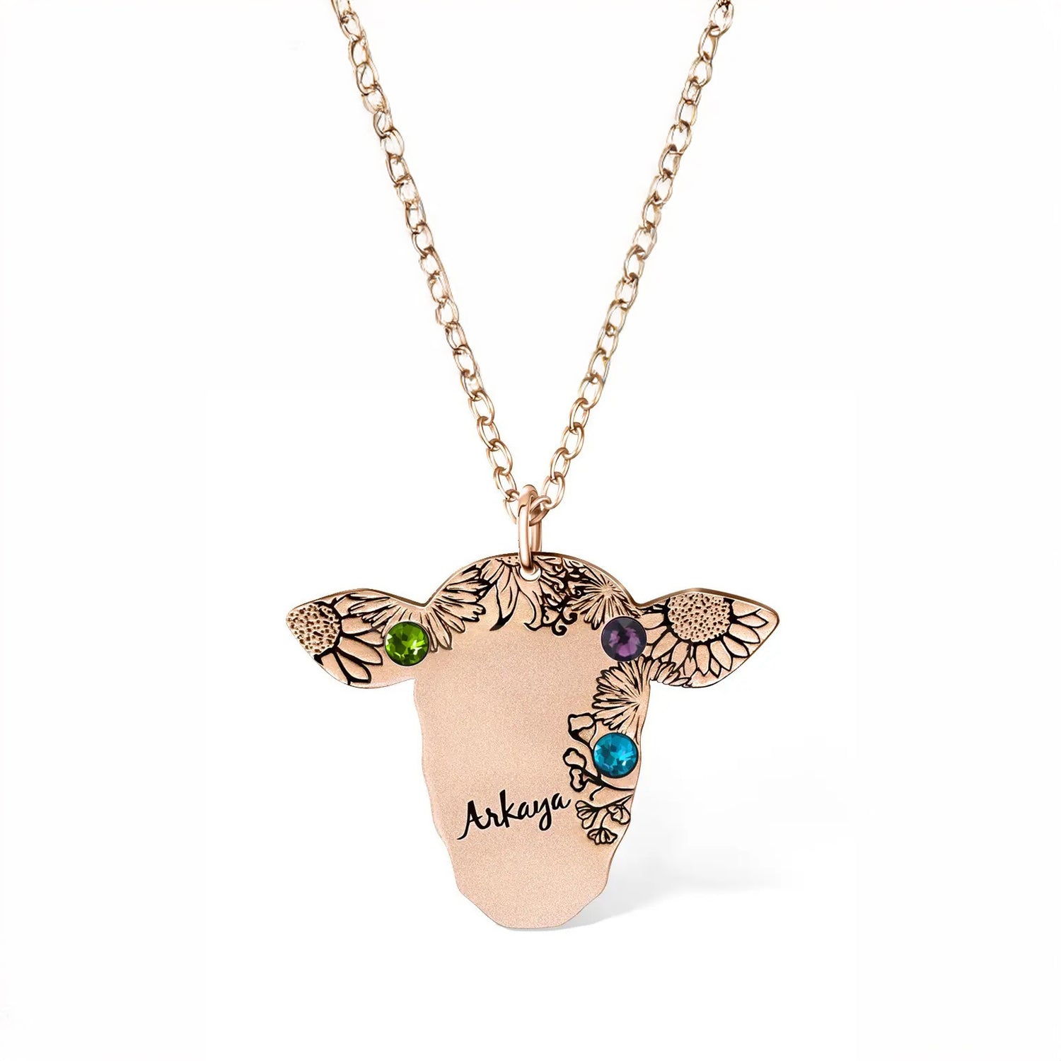 Cow Silhouette Necklace with Custom Name &amp; Birthstones