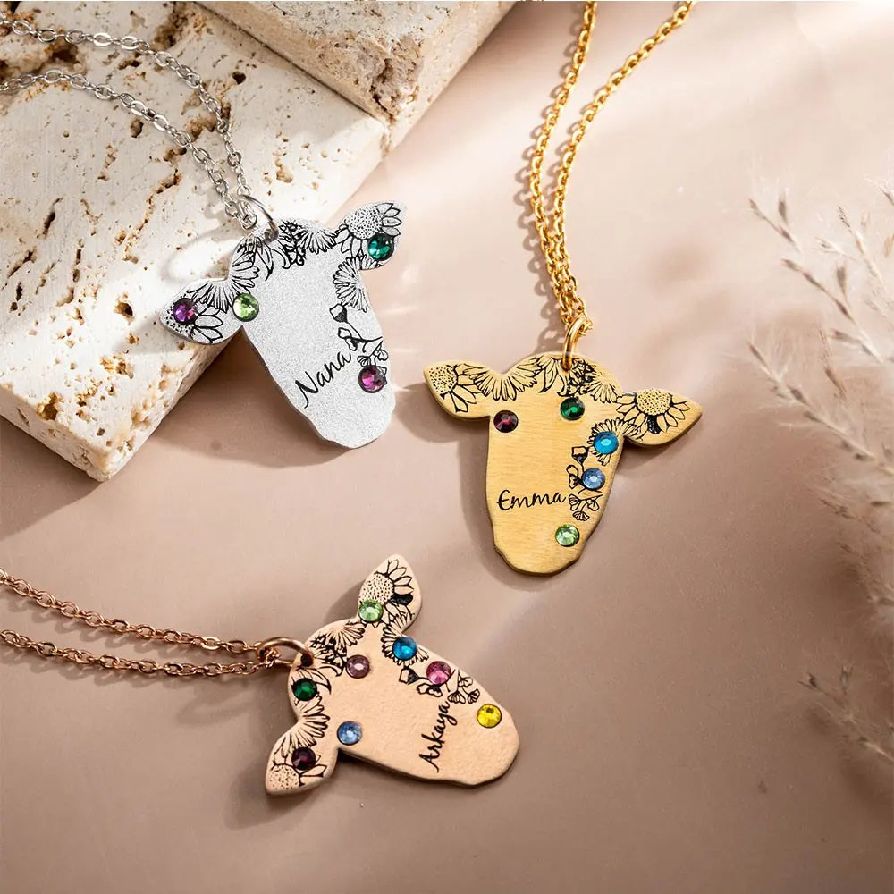 Cow Silhouette Necklace with Custom Name &amp; Birthstones