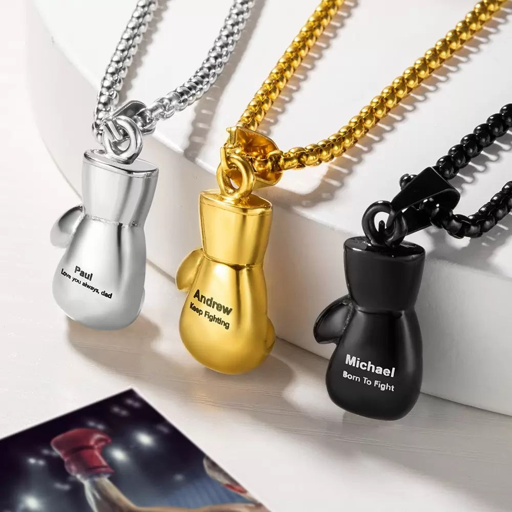 Boxing Glove Necklace with Personalised Name &amp; Inscription