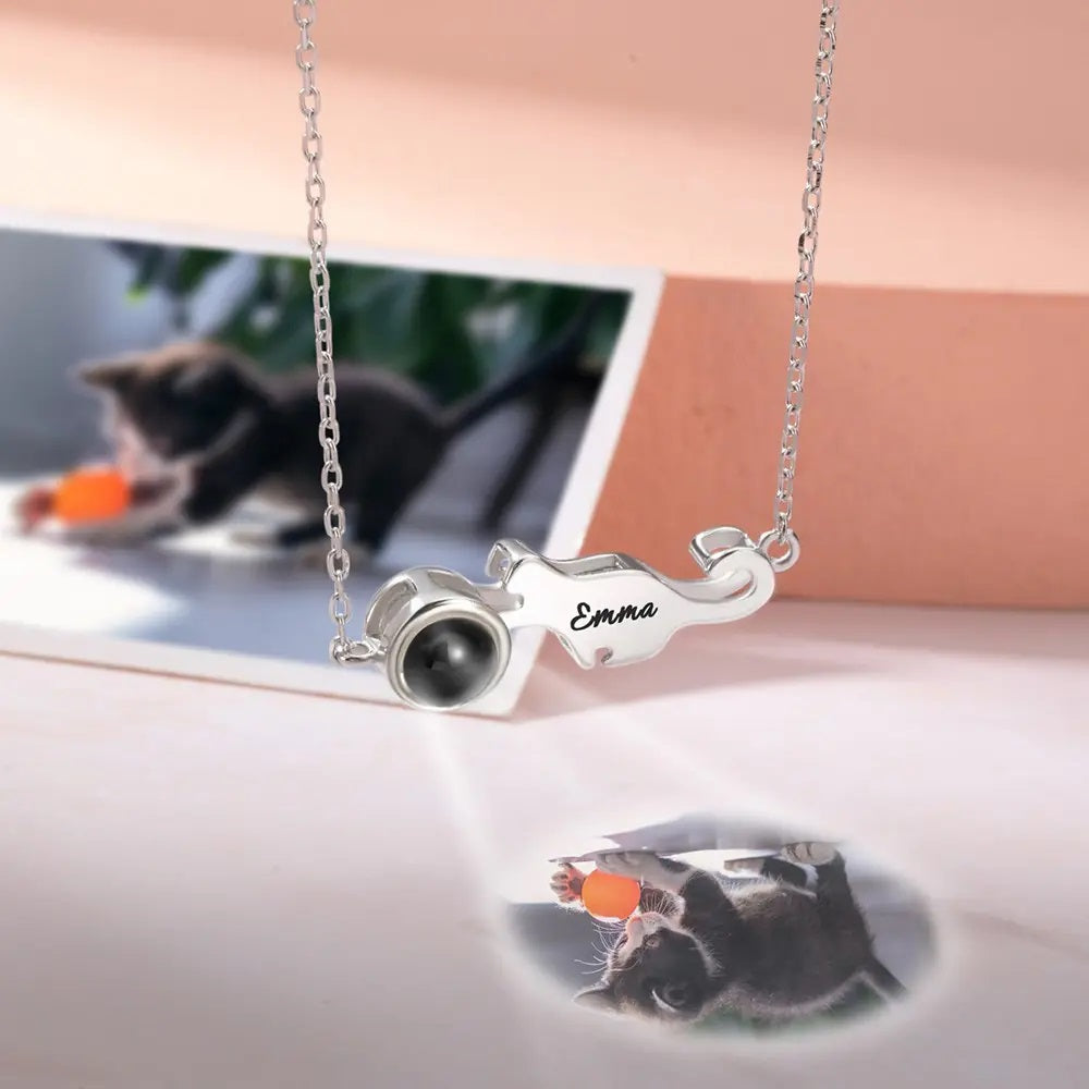 Cat Charm Projection Necklace with Custom Name