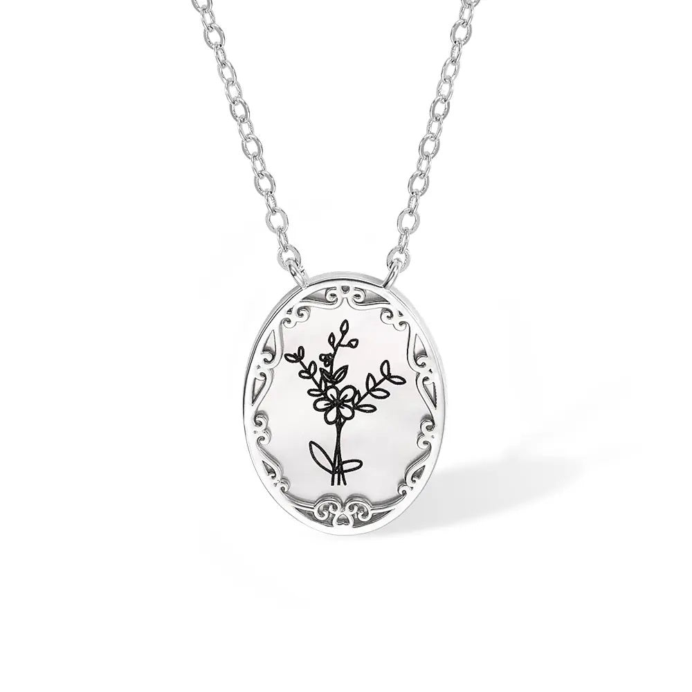 Oval Birth Flower Pendant Necklace
