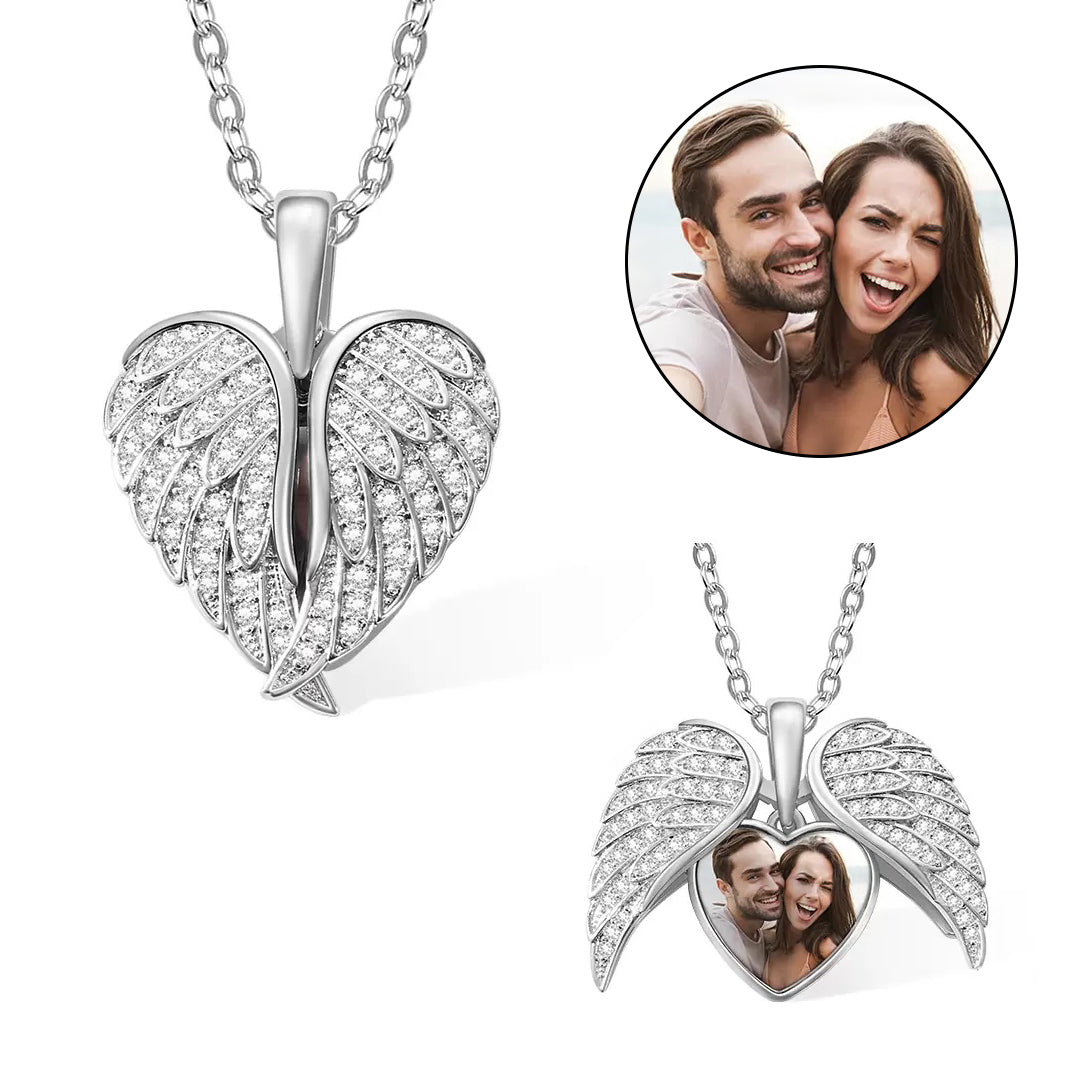 Sparkling Angel Wing Locket with Personalised Heart Shaped Photo