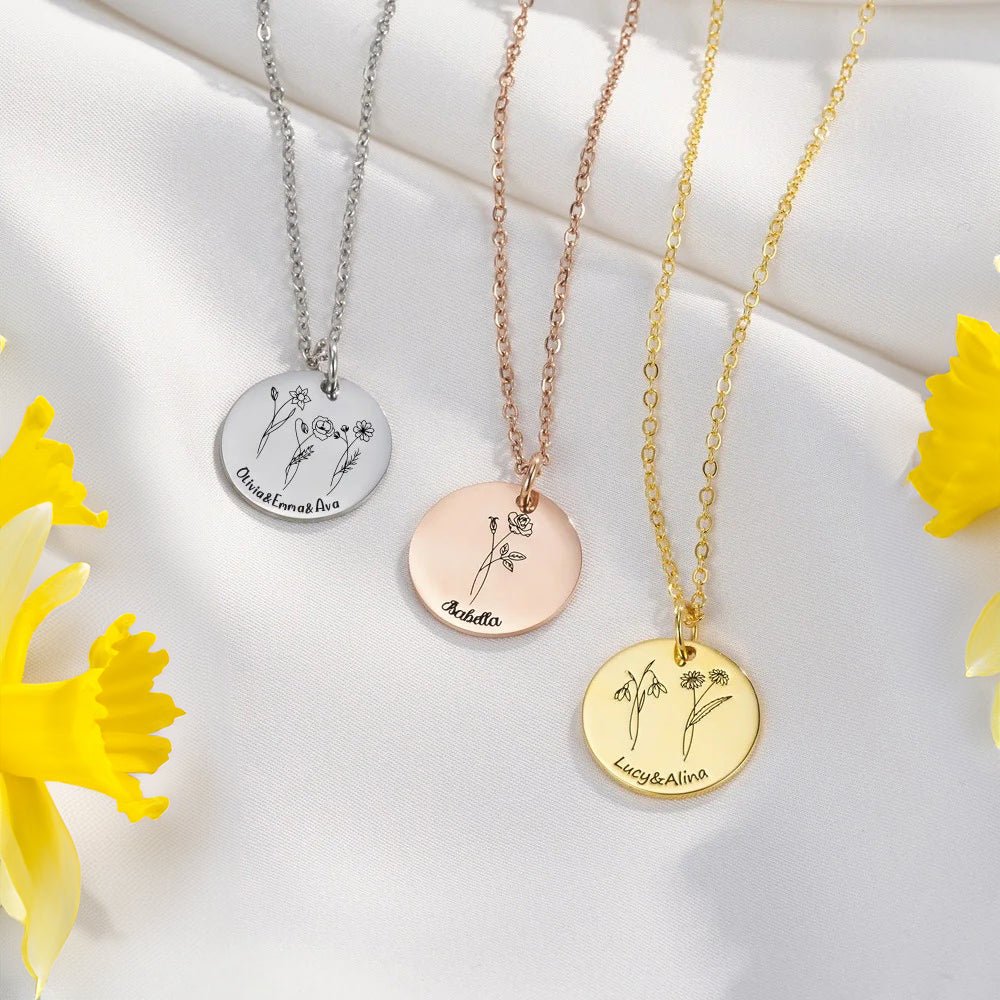 Birth Flower Pendant Necklace with 1 to 3 Names - United Bracelets