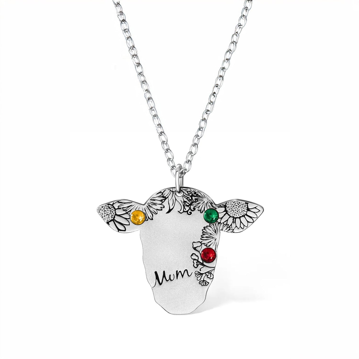 Cow Silhouette Necklace with Custom Name &amp; Birthstones - United Bracelets