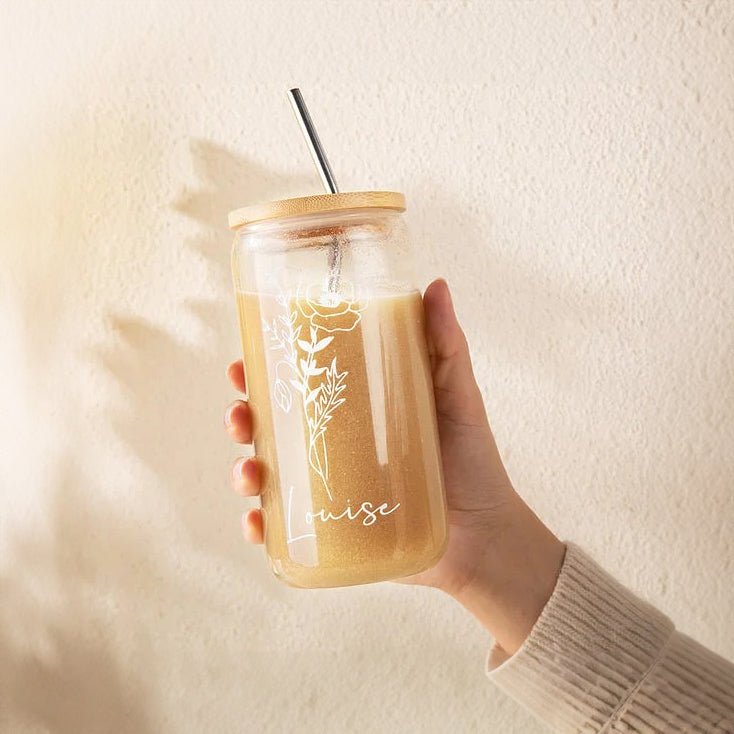 Glass Tumbler with Personalised Birth Flower &amp; Name - United Bracelets