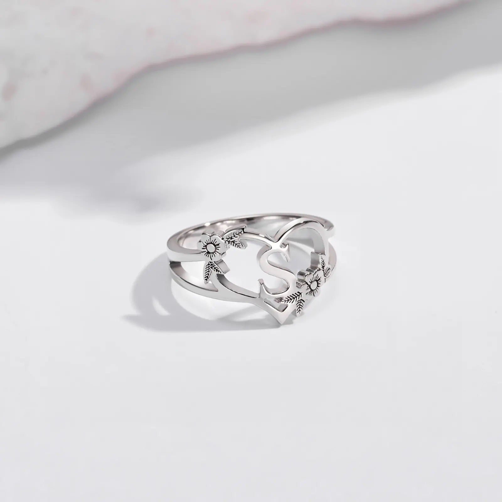 Heart Shaped Initial Ring with Dainty Flower Design - United Bracelets