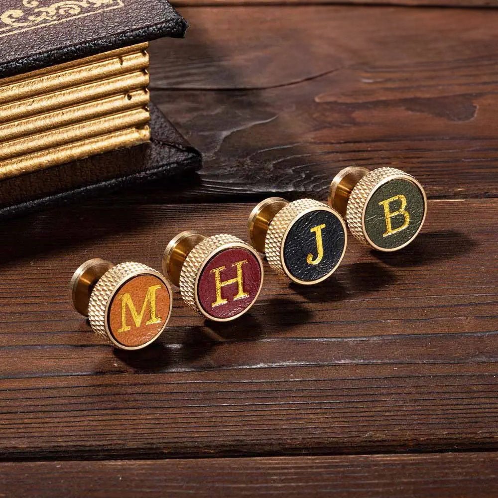 Knurled Brass Leather Cufflinks with Custom Initial - United Bracelets