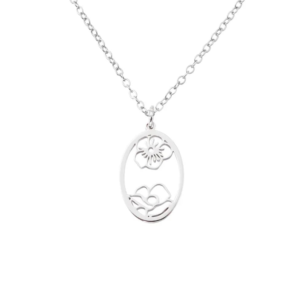 Oval Birth Flower Pendant Necklace in Sterling Silver - United Bracelets