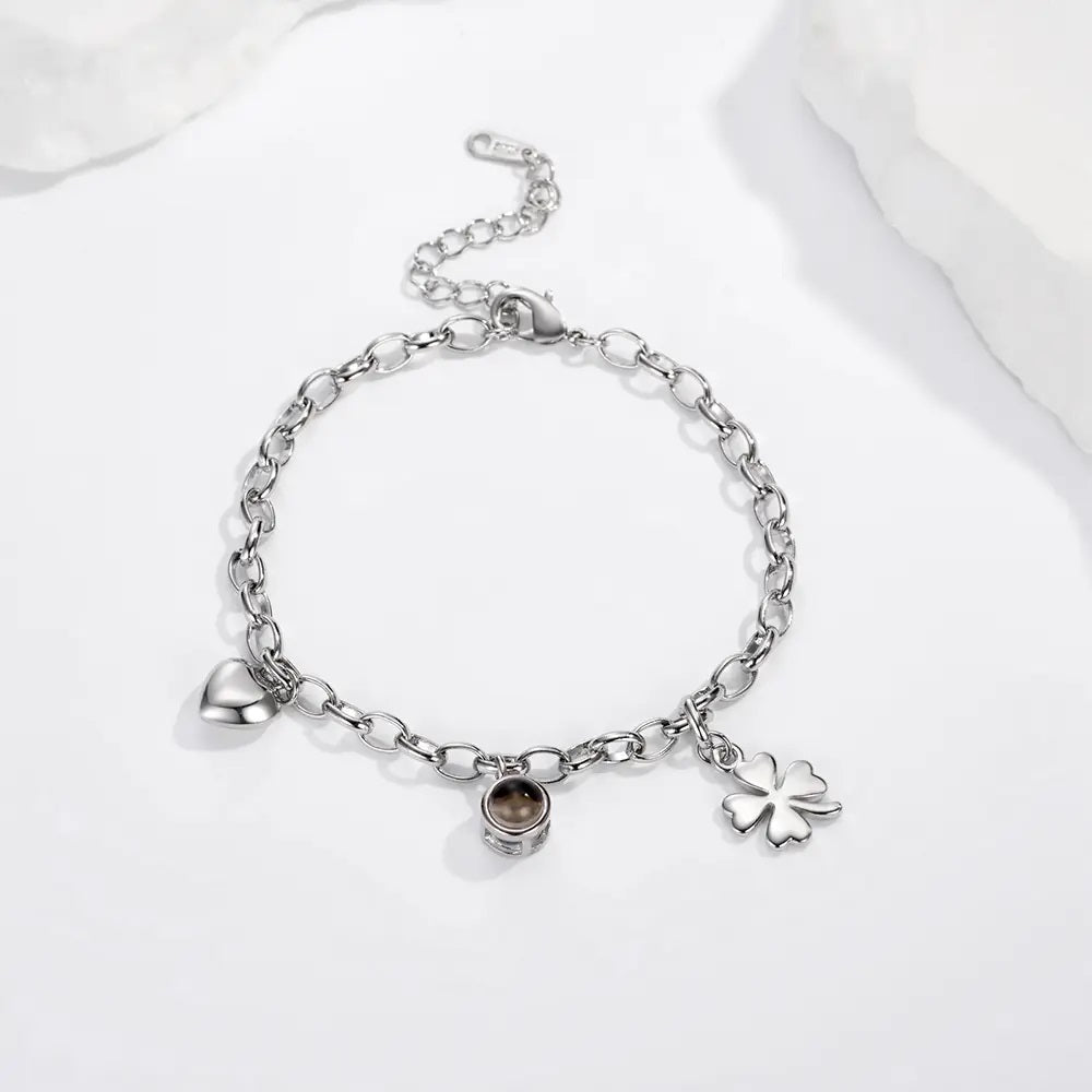 Projection Bracelet with Four - Leaf Clover &amp; Heart Pendants - United Bracelets