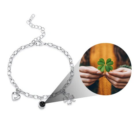 Projection Bracelet with Four - Leaf Clover &amp; Heart Pendants - United Bracelets