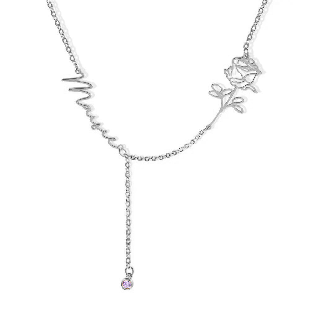 Dainty Y Shaped Birth Flower Necklace with Custom Name &amp; Birthstone